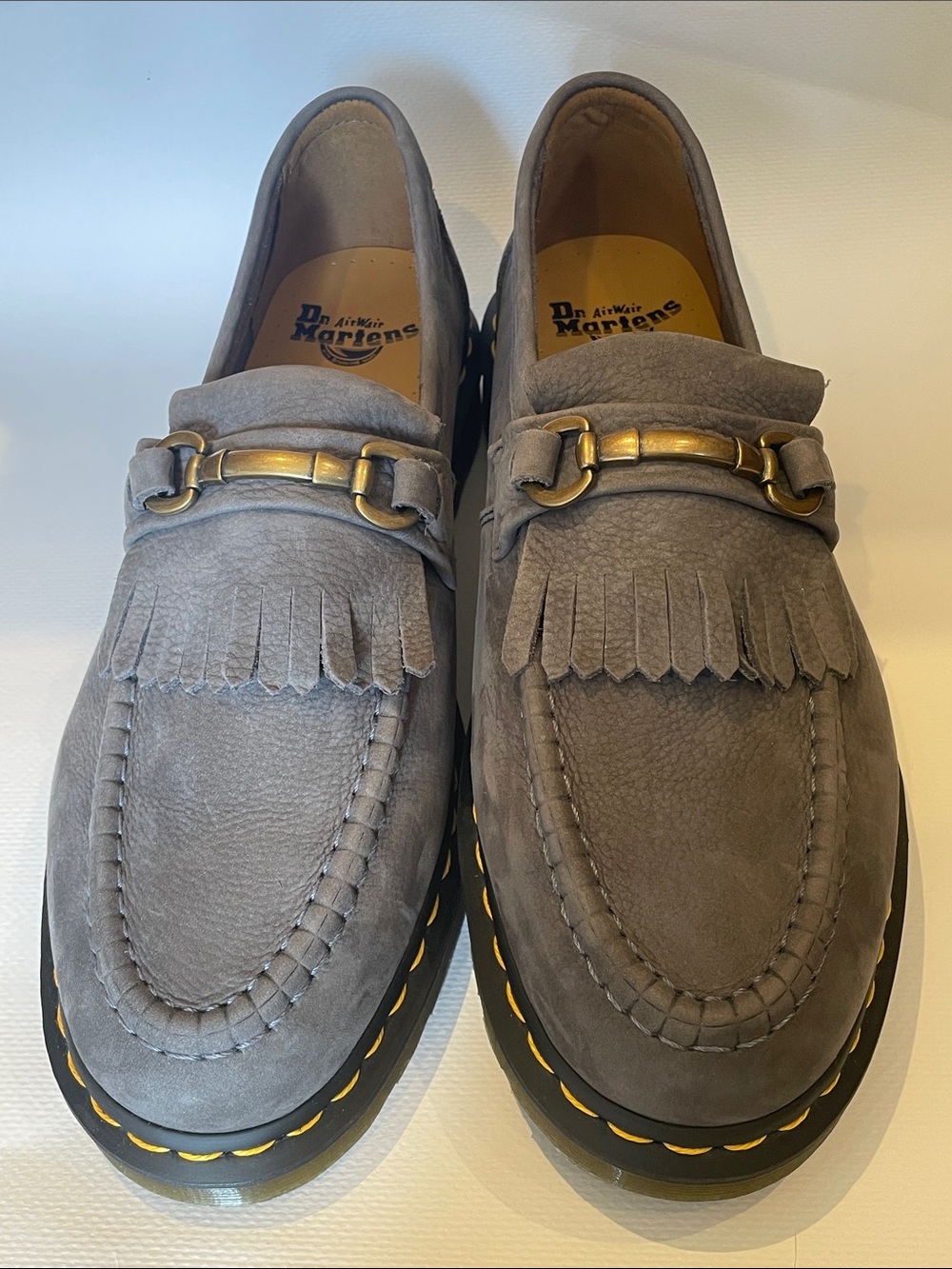 Dr. Martens Grey Adrian Snaffle Suede Loafers with Bridle Bit, Washed Denim